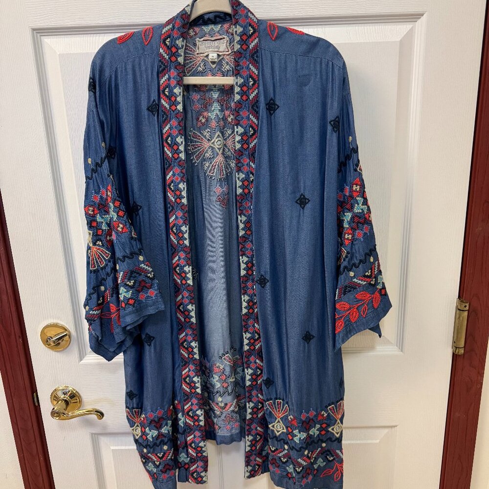 Johhy Was Workshop  Embroidered Chambray Kimono Duster. Size XL